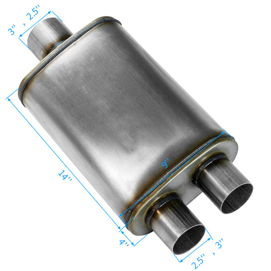 RCCT 14" Oval Exhaust Muffler –2PCS Single Inlet to Dual Outlet, Stainless Steel 409